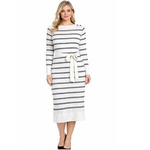 Striped Knit Midi Dress with Self Belt size M Soft Cream and Black Gold Buttons